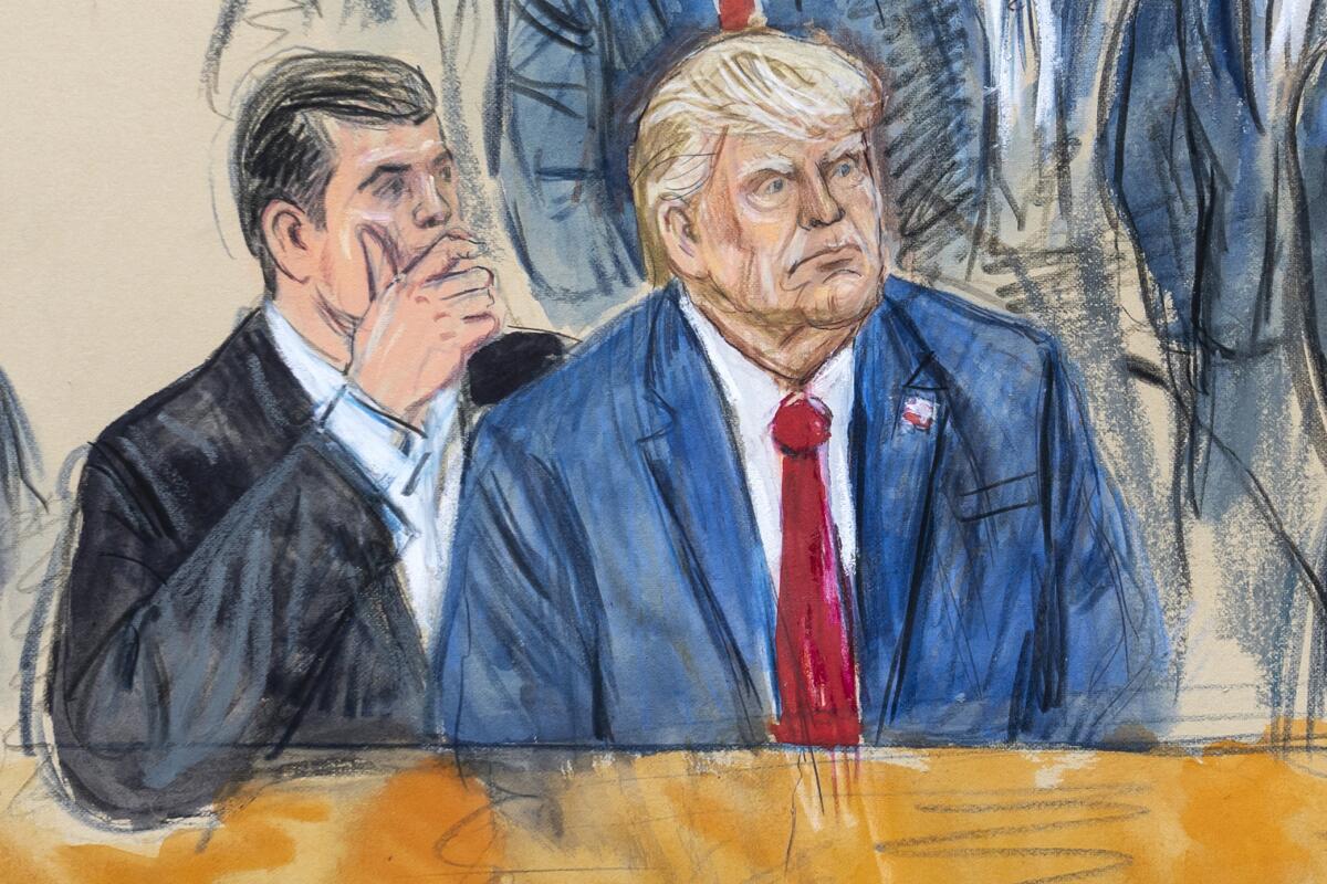 A courtroom sketch of Donald Trump conferring with one of his lawyers.