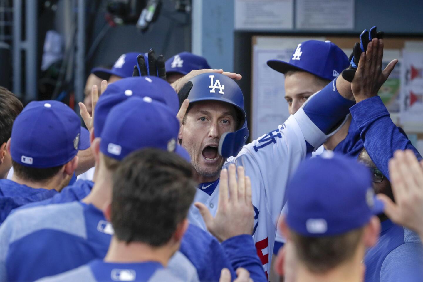 Dodgers David Freese homers in the first inning in game five.