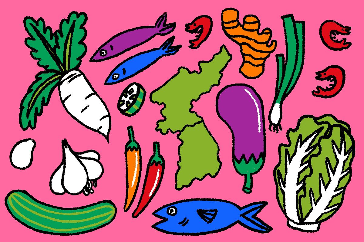 Illustration of the Korean peninsula surrounded by kimchi ingredients.