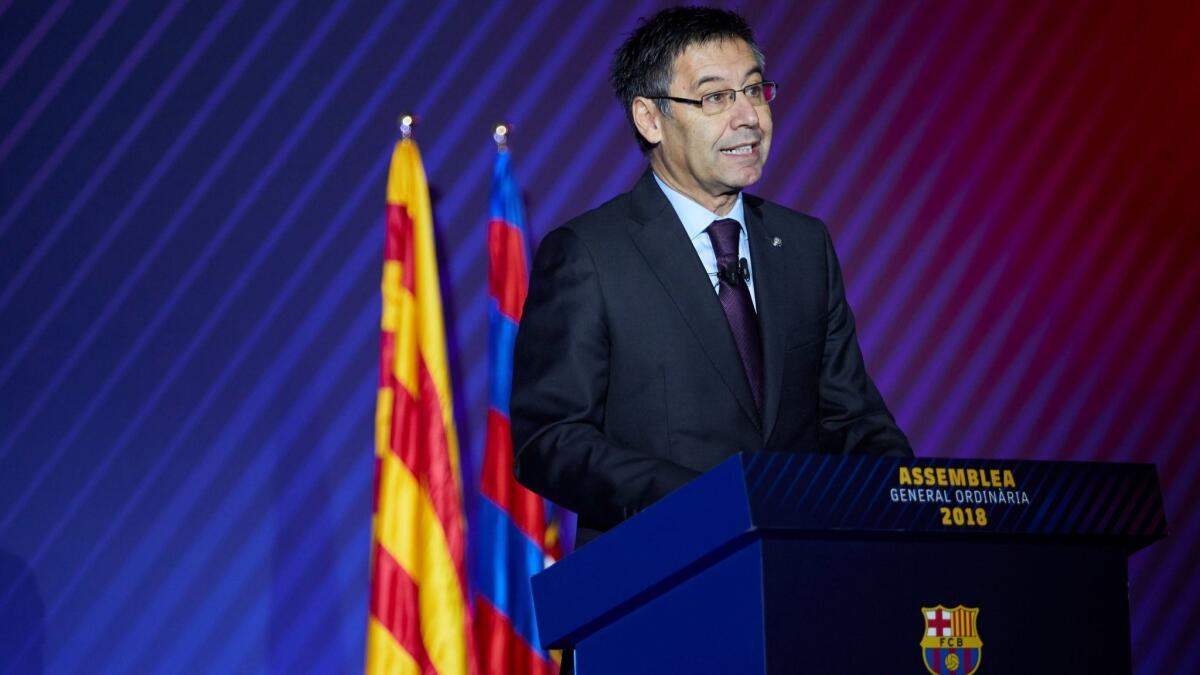 FC Barcelona's president, Josep Maria Bartomeu, speaks during the Spanish soccer club's fall assembly.