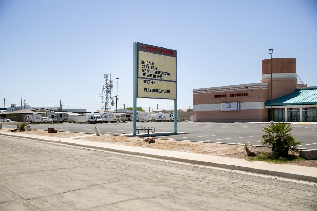A movie theater has words of hope on its marquee for nearby El Centro Regional Medical Center in Imperial County.