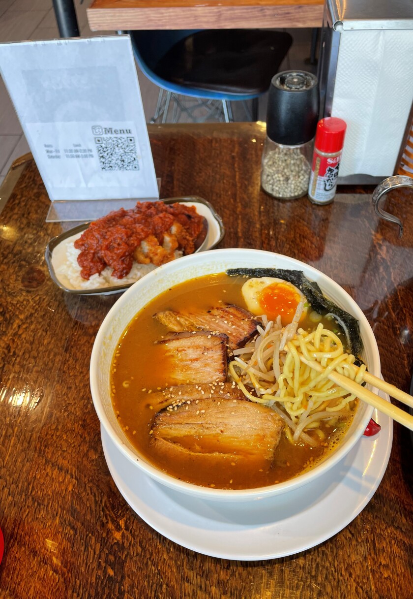 Original Zetton ramen with side of katsu rice at Ramen Zetton on Baker Street in Costa Mesa.