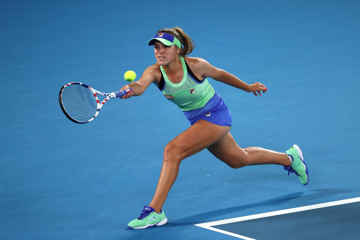 American Sofia Kenin plays a forehand during her singles victory over Garbine Muguruza in the Australian Open final Saturday.