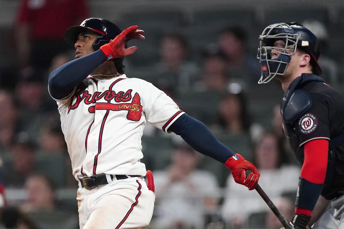 Atlanta Braves' Ozzie Albies plays during a baseball game, Tuesday