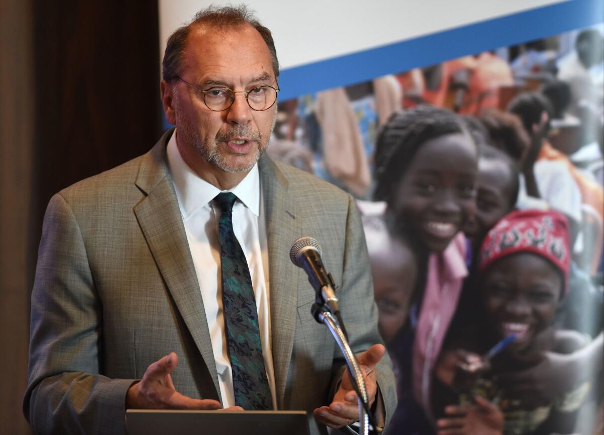 Peter Piot delivers a speech during a seminar on the Ebola virus in Tokyo on Oct. 30.