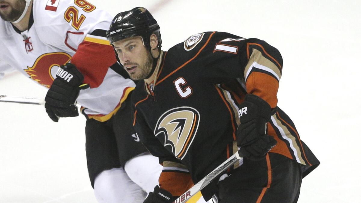 Ducks captain Ryan Getzlaf skates toward the puck during the Ducks' win over the Calgary Flames in Game 2 of the Western Conference semifinals on May 3.