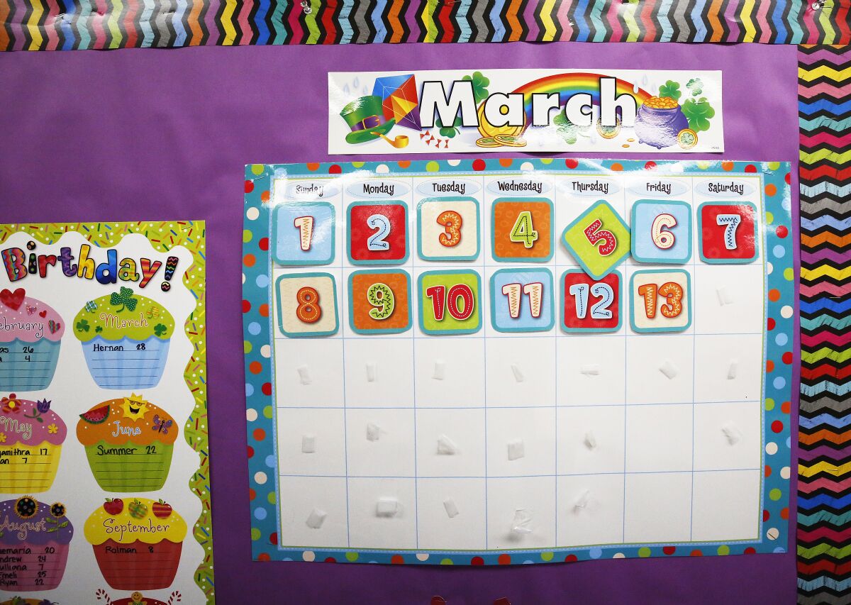 The  calendar stops at March 13 in the second-grade classroom of teacher Emily Miranda at Cerritos Elementary in Glendale.