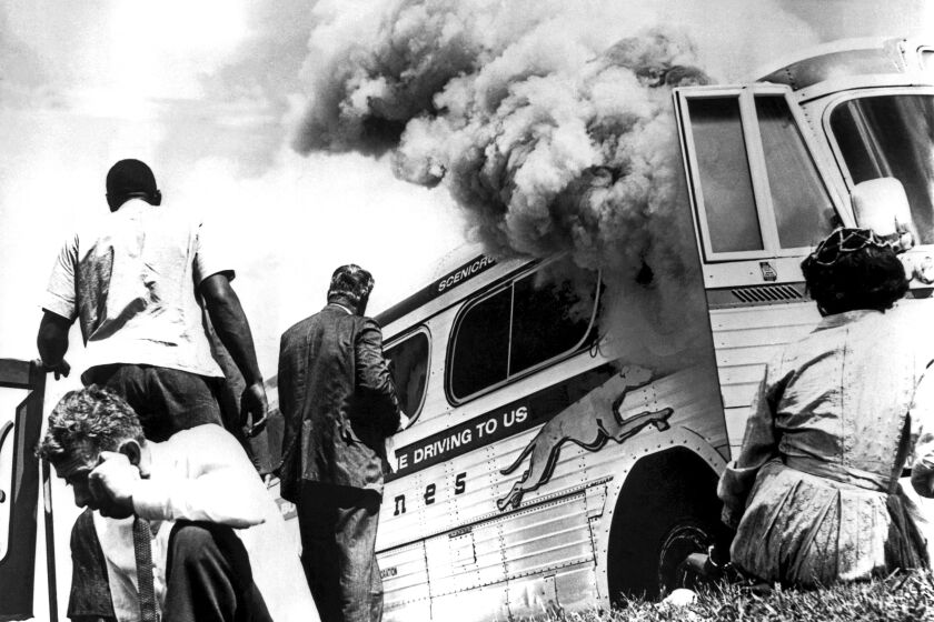 Freedom Riders on a Greyhound bus sponsored by the Congress Of Racial Equality (CORE) in 1961.