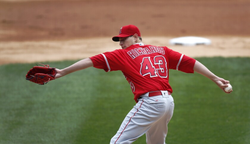 Garrett Richards pitches on April 20. He was shut down after pitching on May 1 because of a torn elbow ligament. He has treated the injury with stem cell therapy instead of Tommy John surgery.