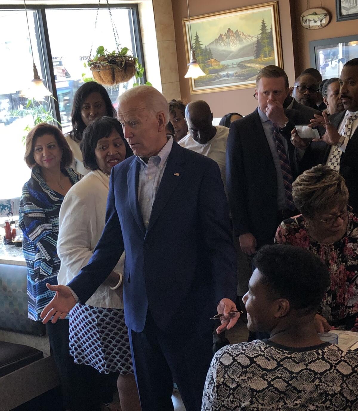 Former Vice President Joe Biden greets customers at a diner in Detroit the day after he took part in the Democratic debate in the city in July.