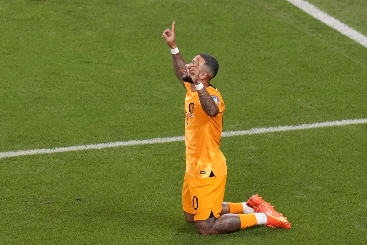 Memphis Depay of the Netherlands celebrates after scoring the opening goal against the U.S.