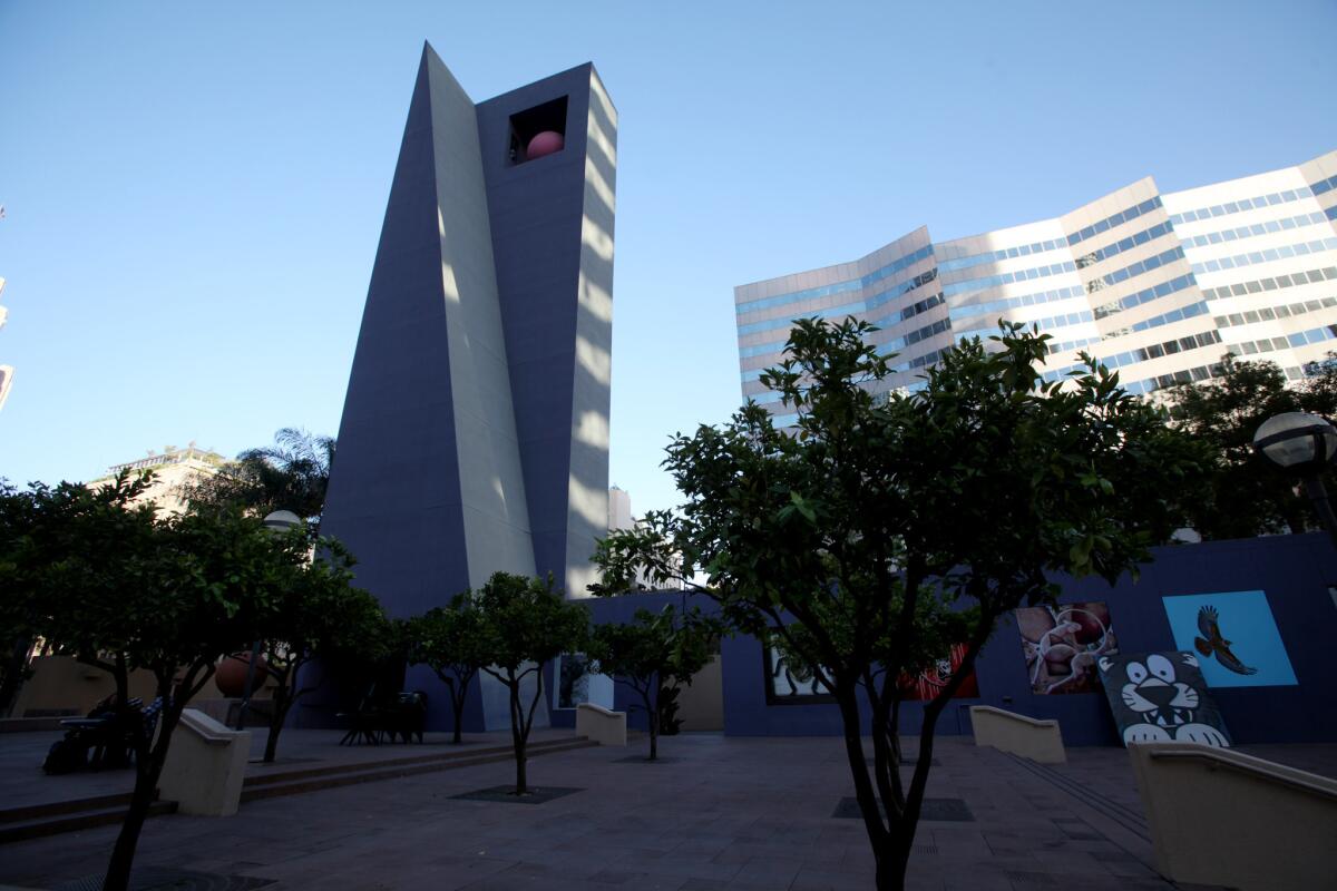 A view of Pershing Square, with architectural elements designed by Ricardo Legorreta in the early '90s. The square is in the early stages of another makeover.