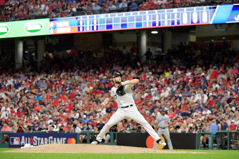 CLEVELAND, OHIO - JULY 09: Lucas Giolito #27 of the Chicago White Sox and the American League pitches during the 2019 MLB All-Star Game, presented by Mastercard at Progressive Field on July 09, 2019 in Cleveland, Ohio. (Photo by Jason Miller/Getty Images) ** OUTS - ELSENT, FPG, CM - OUTS * NM, PH, VA if sourced by CT, LA or MoD **