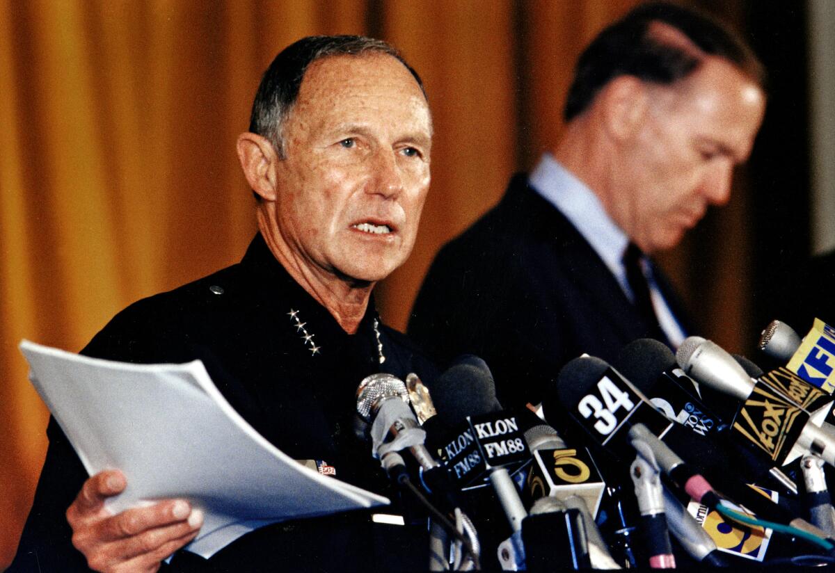 Los Angeles Police Chief Daryl F. Gates speaks to the media after the riots.