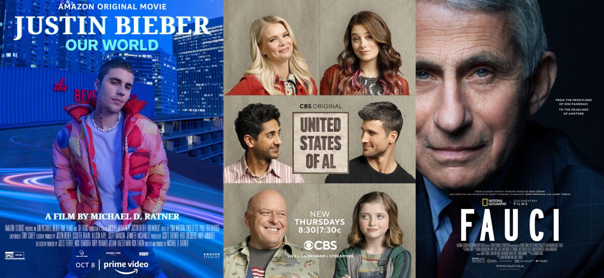 This combination of photos shows promotional art for the film “Justin Bieber: Our World,” premiering Oct. 8 on Amazon Prime, from left, the comedy series "United States of Al," airing Thursdays on CBS and the documentary "Fauci," available for streaming on Disney+. (Amazon via AP, left, and CBS via AP)