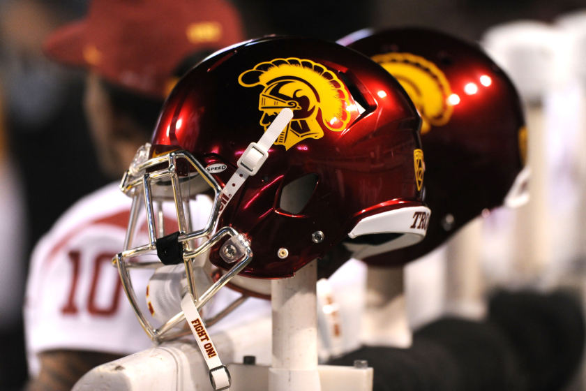 SALT LAKE CITY, UT - OCTOBER 25: View of the USC Trojans football helmets shown.