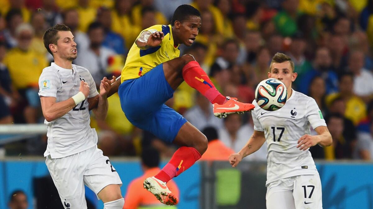 Ecuador's Antonio Valencia controls the ball during the first half of the team's 0-0 World Cup draw with France on Wednesday.