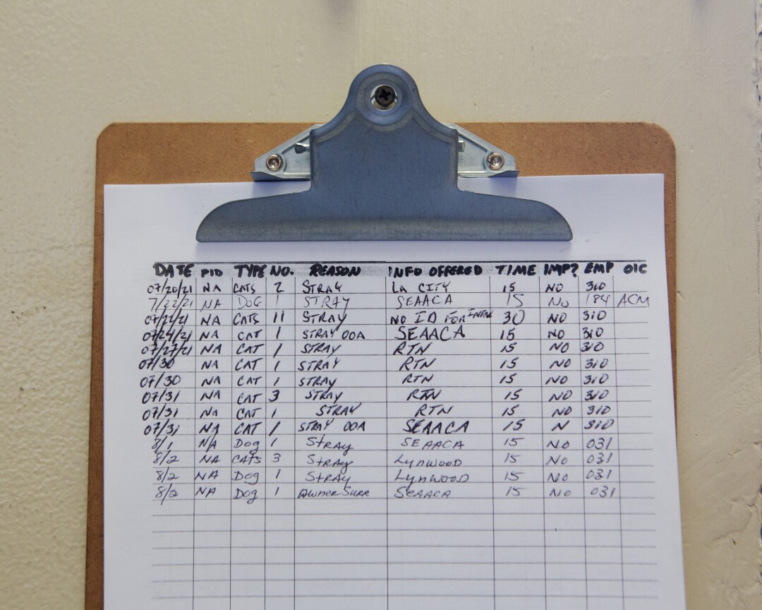 An intake board at a Los Angeles County Animal Care and Control Shelter indicate which animals were allowed to stay.