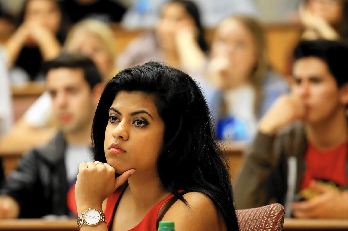 USC student body president-elect Rini Sampath at a recent debate. From 2006 -- the last time a female Trojan held the job -- to 2014, not a single woman even tried to run for president, virtually unheard of at other large schools.