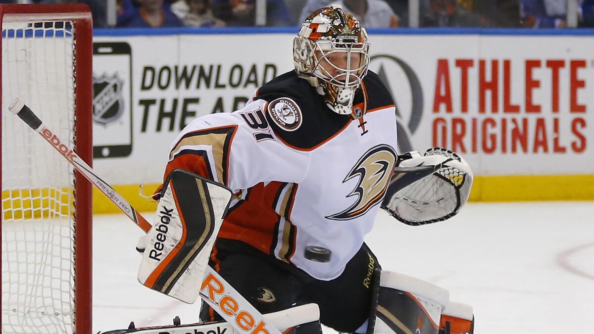 Ducks goalie Frederik Andersen makes a save during a win over the New York Islanders on Saturday.