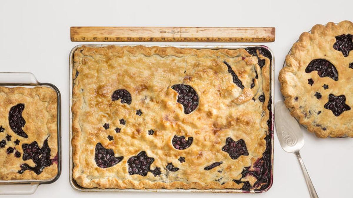 Square, slab and round versions of blueberry pie.