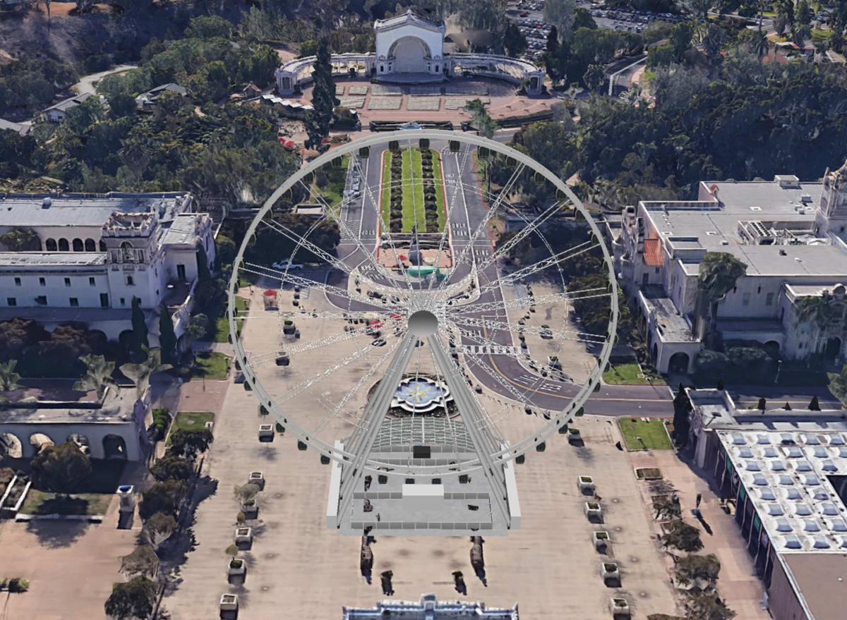A conceptual rendering shows the proposed observation wheel in Balboa Park's central Plaza de Panama.