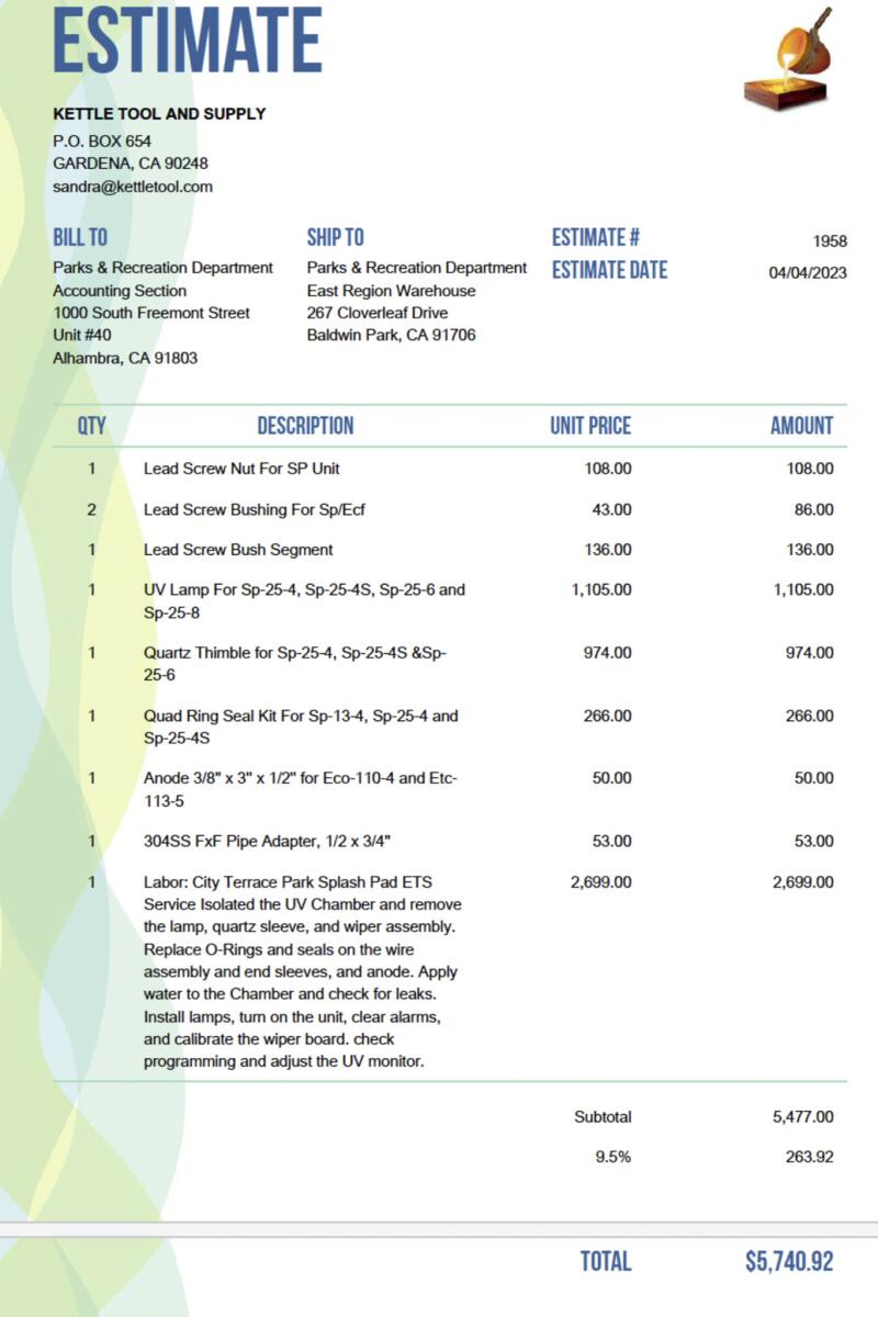 Two nearly identical estimates submitted by Decadenza and Kettle Tool to the county’s Department of Parks and Recreation.