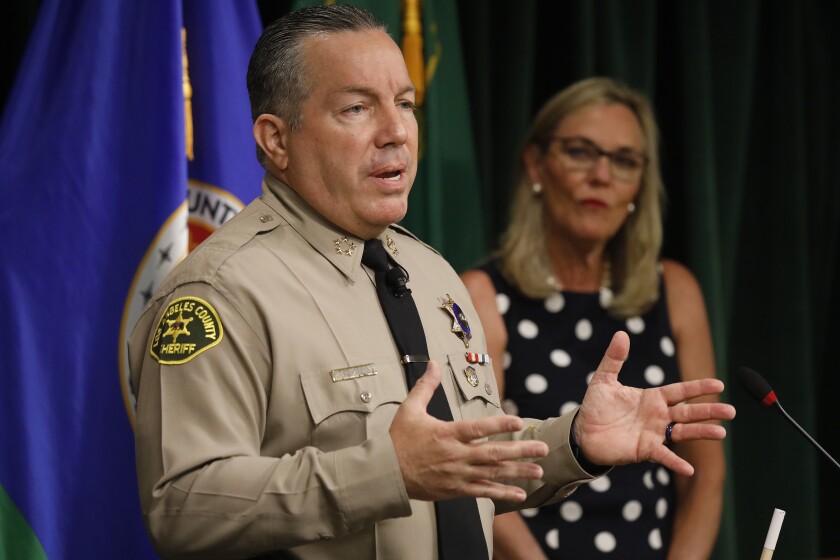 Los Angeles County Sheriff Alex Villanueva speaks at a news conference on July 7.