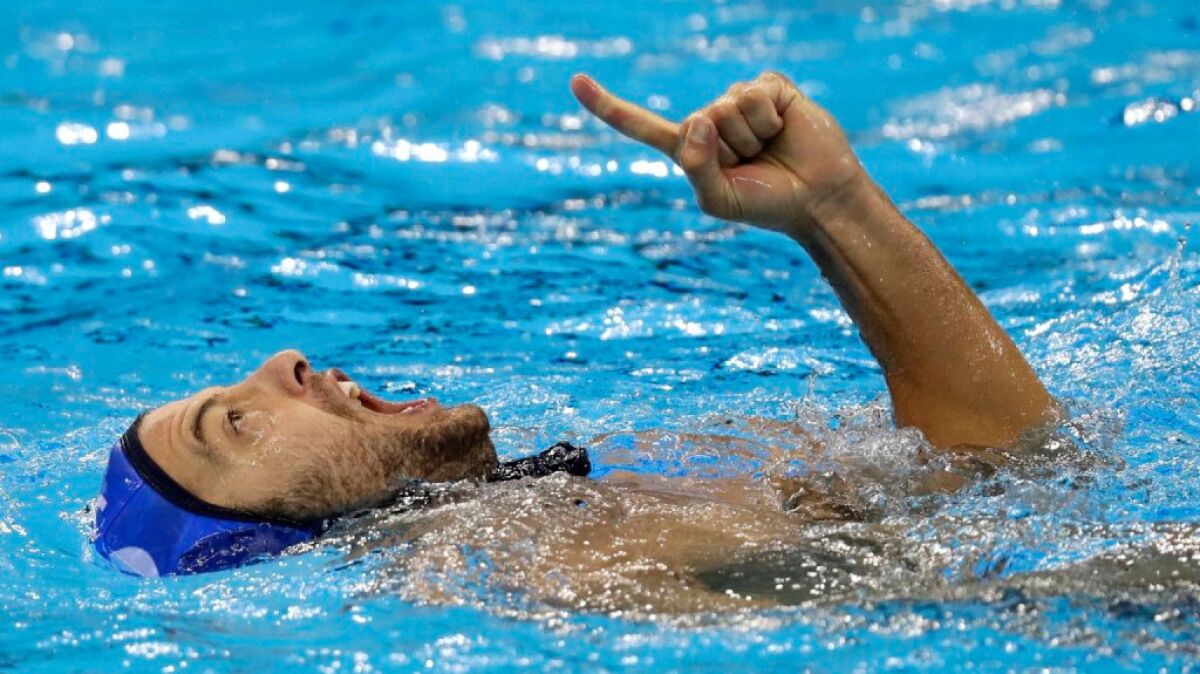 Serbia's Filip Filipovic reacts after scoring against Croatia during the men's water polo gold medal match on Aug. 20.