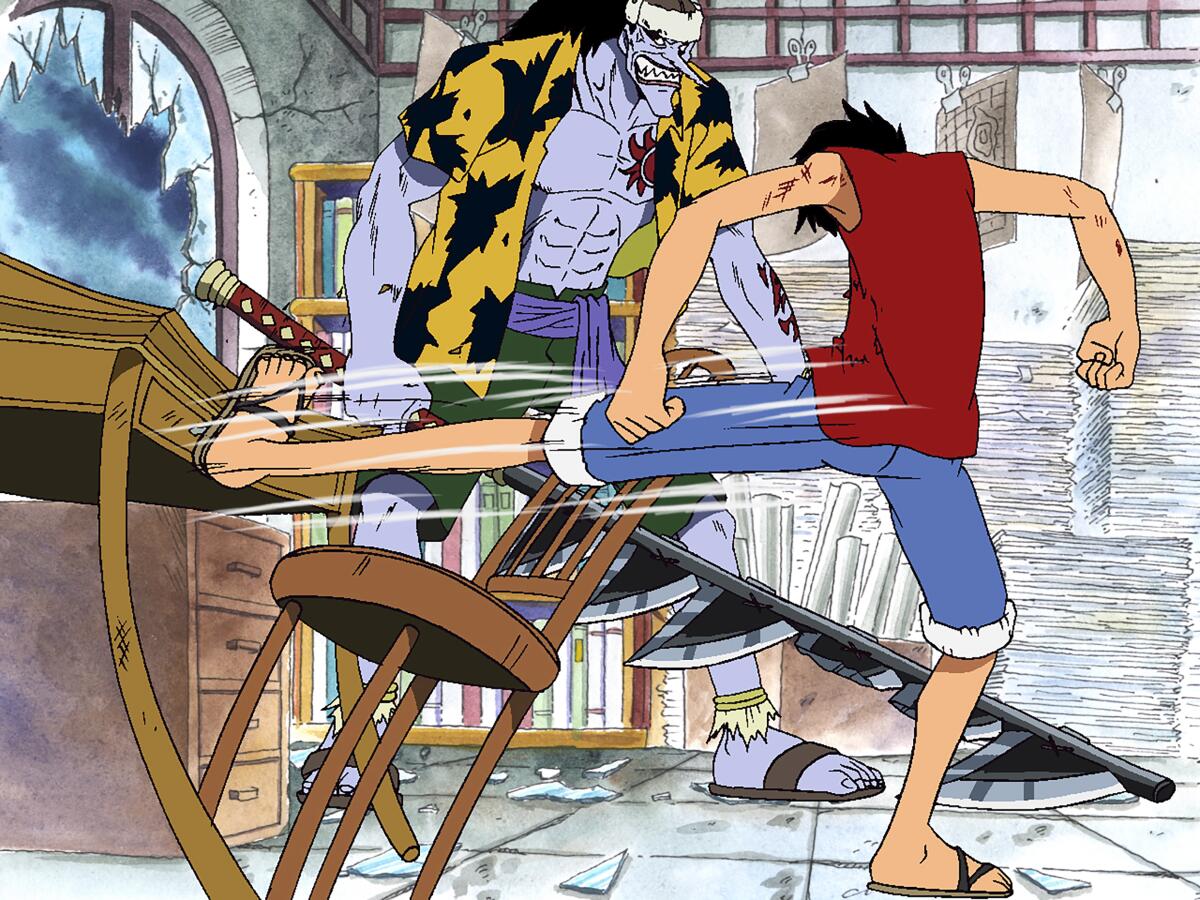 Cartoon of a boy in a red vest and jean shorts kicking a desk outside of a building facing a purple man in a yellow shirt