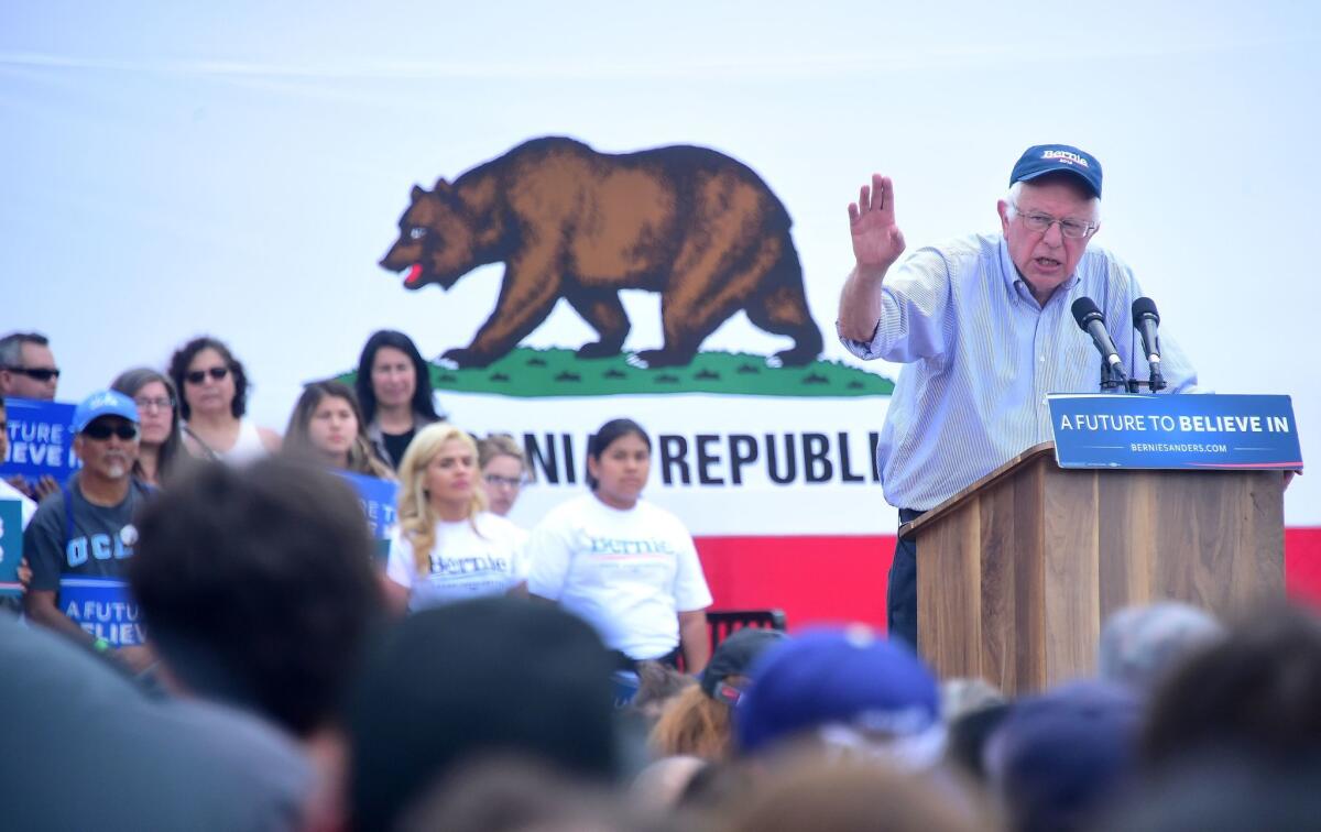 Vermont Sen. Bernie Sanders speaks at a rally in East Los Angeles on Monday. Sanders said he supports the effort to legalize recreational marijuana in California.