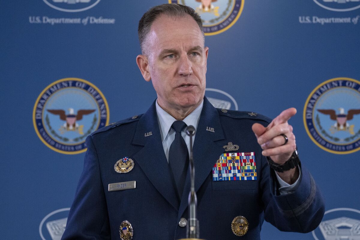Pentagon spokesman U.S. Air Force Brig. Gen. Patrick Ryder speaks during a media briefing at the Pentagon, Friday, March 24, 2023, in Washington. (AP Photo/Alex Brandon)