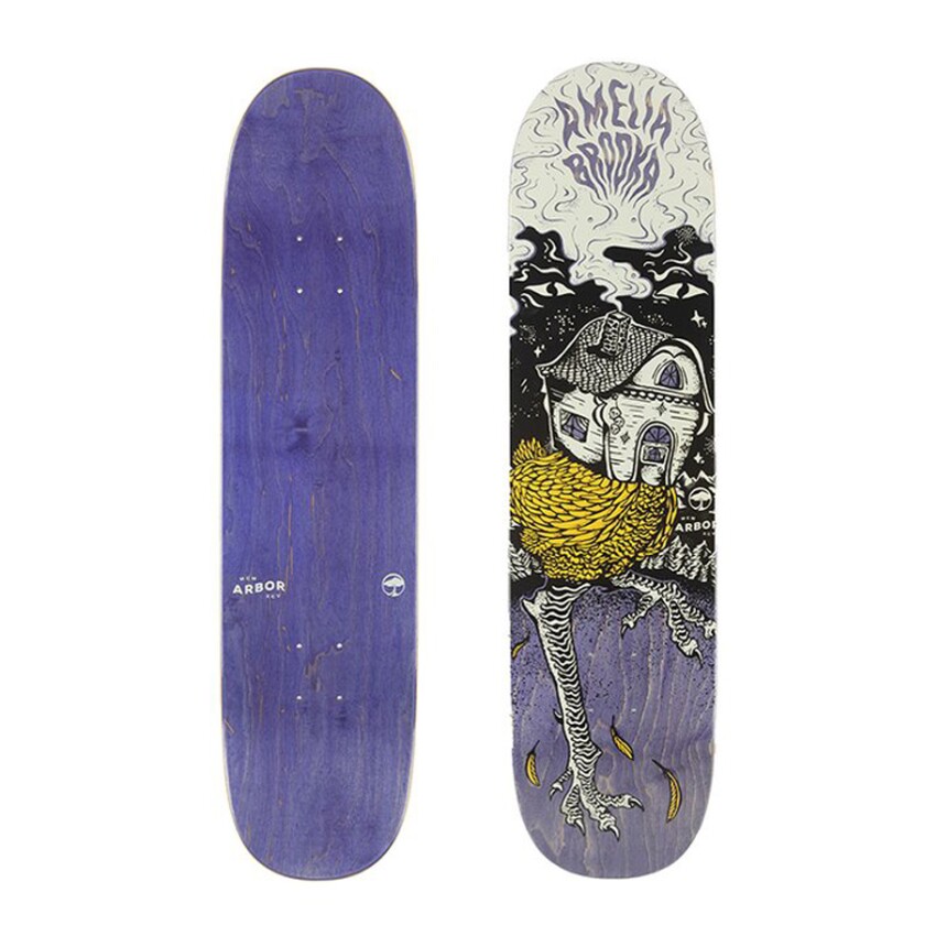 Two sides of a skateboard, one purple the other graphic.