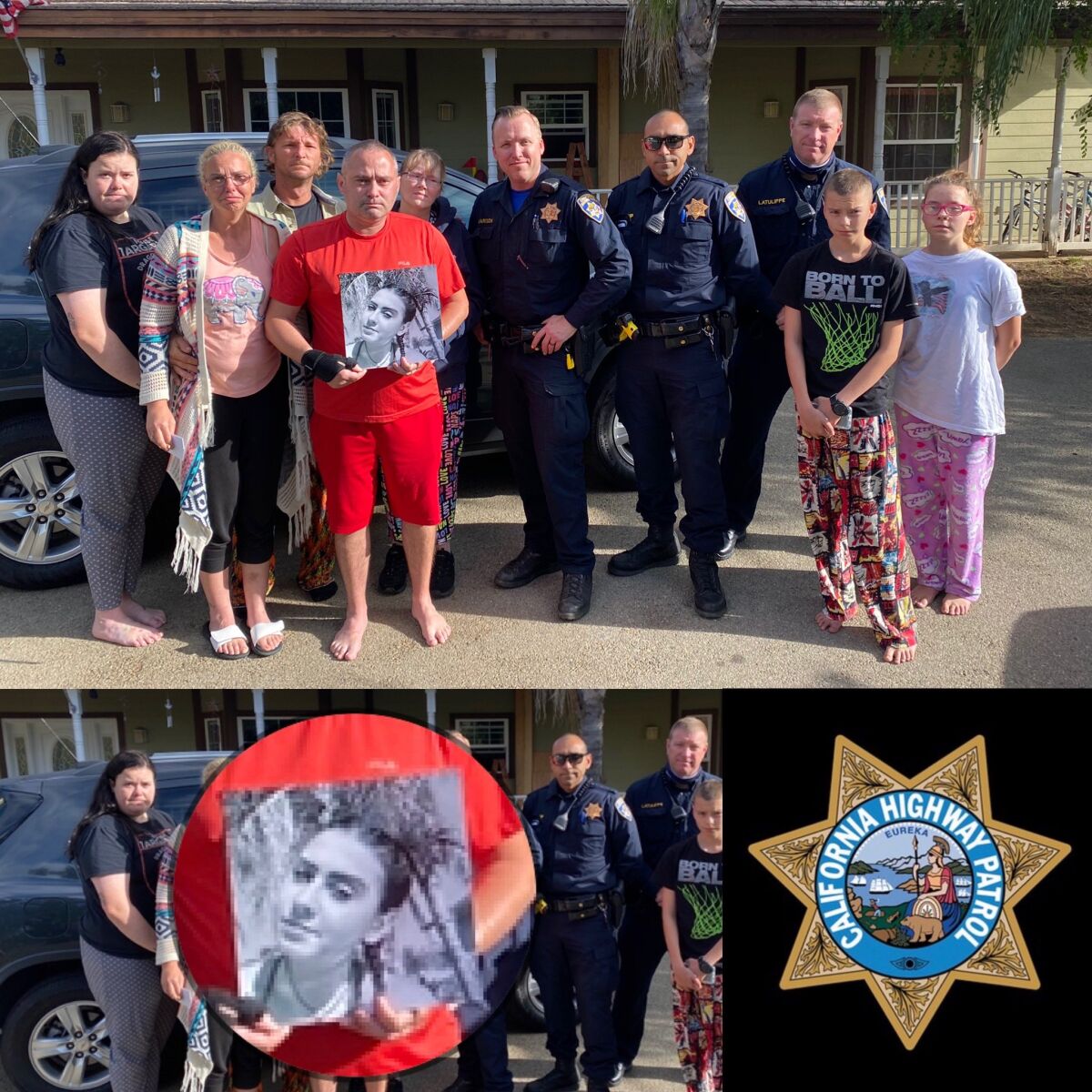 Family members and CHP officers pose with a photo of Kirsten Tomlinson, who died in a June 2020 hit and run near Escondido.