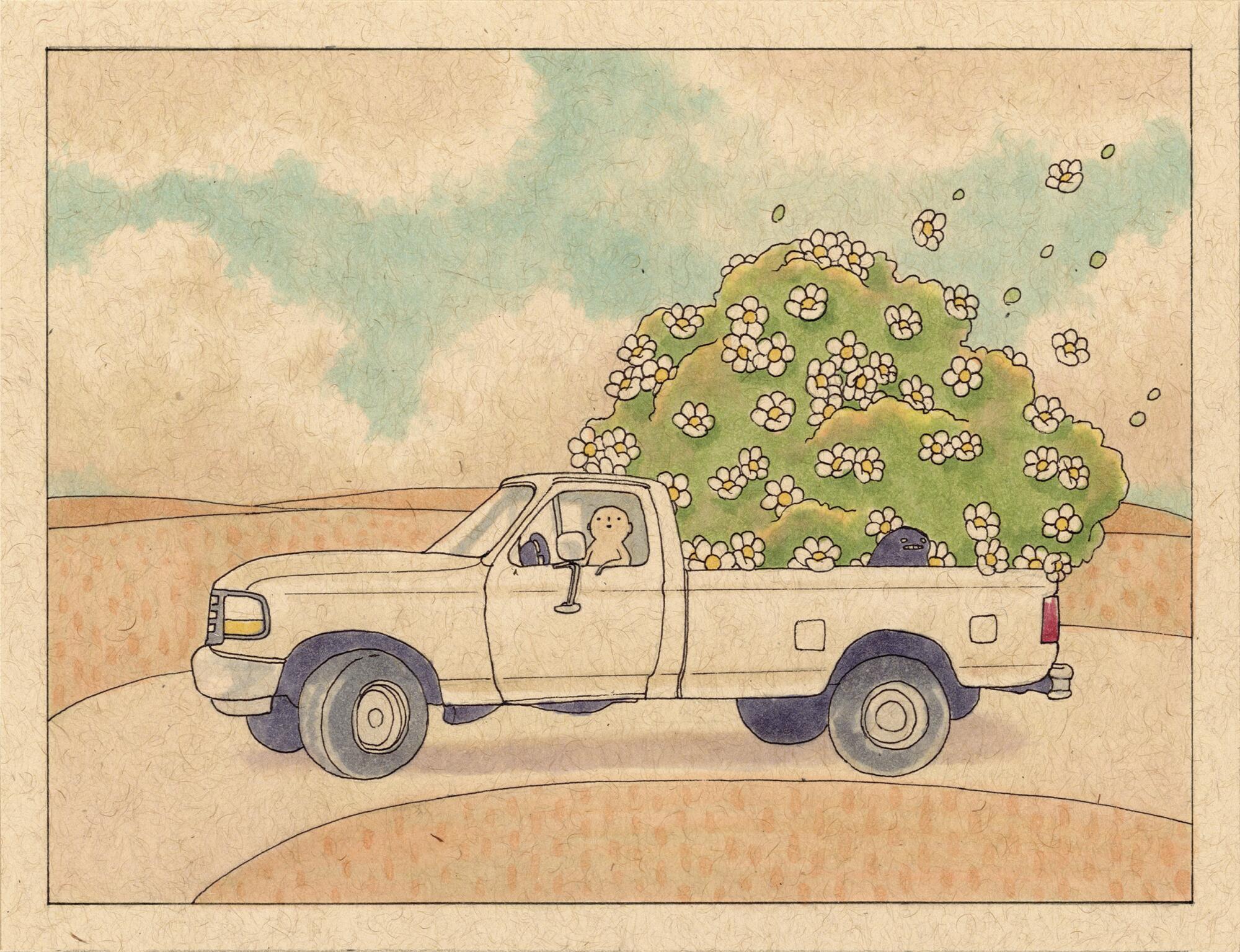 Illustration of a person in a pickup truck that has a flowering shrub in its bed.