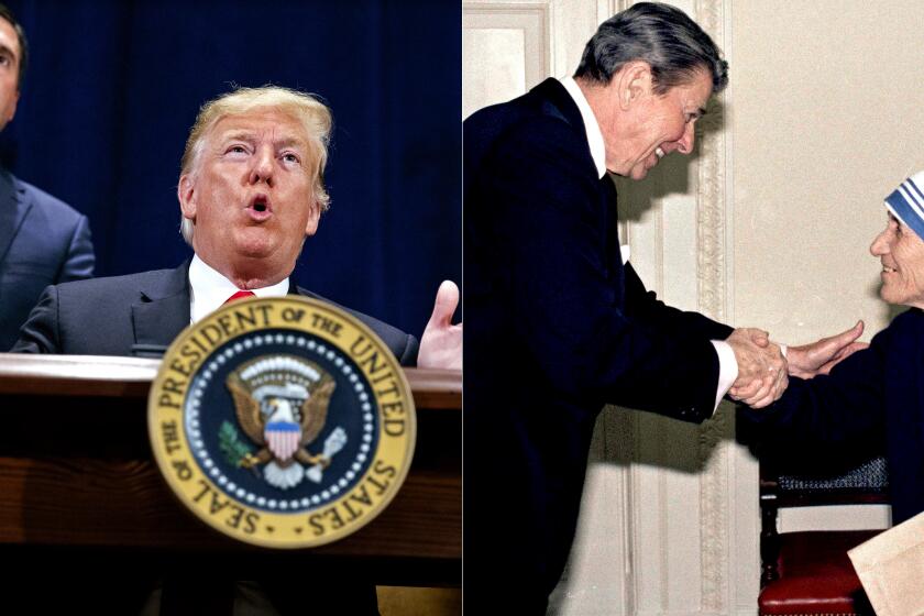 LEFT - President Donald Trump speaks during a ceremony to sign a "Presidential Memorandum Promoting the Reliable Supply and Delivery of Water in the West," Friday, Oct. 19, 2018, in Scottsdale, Ariz.. Standing behind the president is Rep. Devin Nunes, R-Calif. RIGHT - Mother Teresa of Calcutta, holding a religious picture for the Reagans, is greeted by President Ronald Reagan at the White House, Dec. 16, 1985.