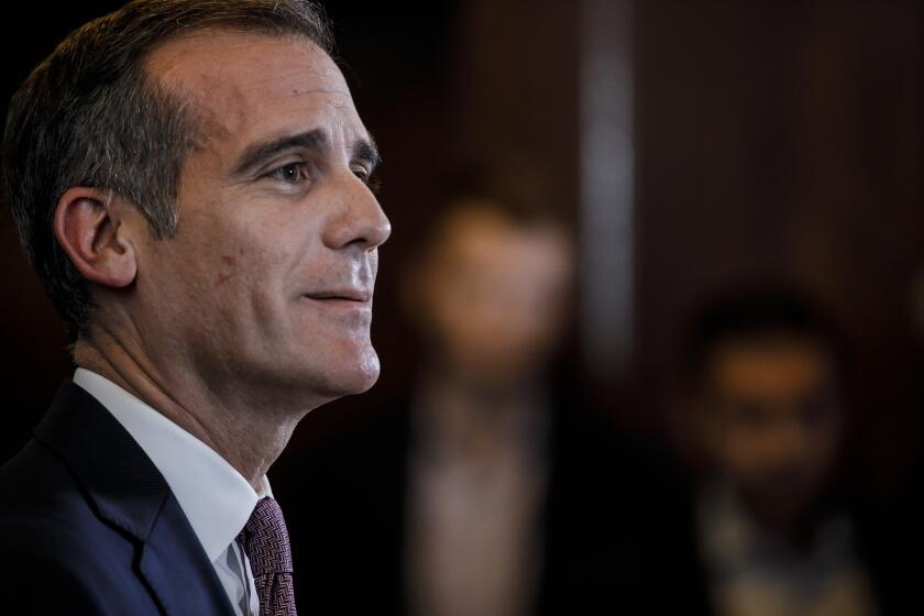 LOS ANGELES, CALIF. -- TUESDAY, JANUARY 29, 2019: L.A. Mayor Eric Garcetti announces that he will not run for President, at City Hall, in Los Angeles, Calif., on Jan. 29, 2019. (Marcus Yam / Los Angeles Times)
