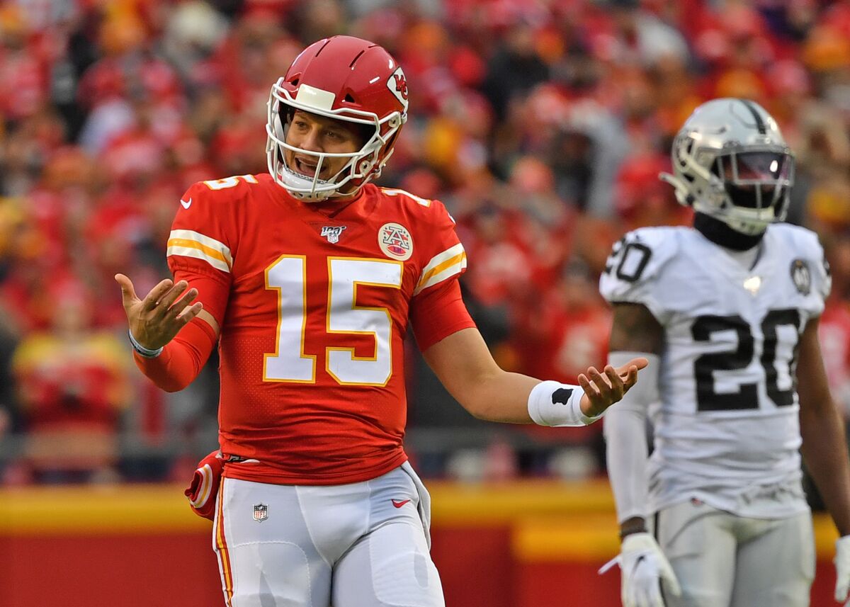 Kansas City Chiefs quarterback Patrick Mahomes reacts after a play against the Oakland Raiders on Sunday.