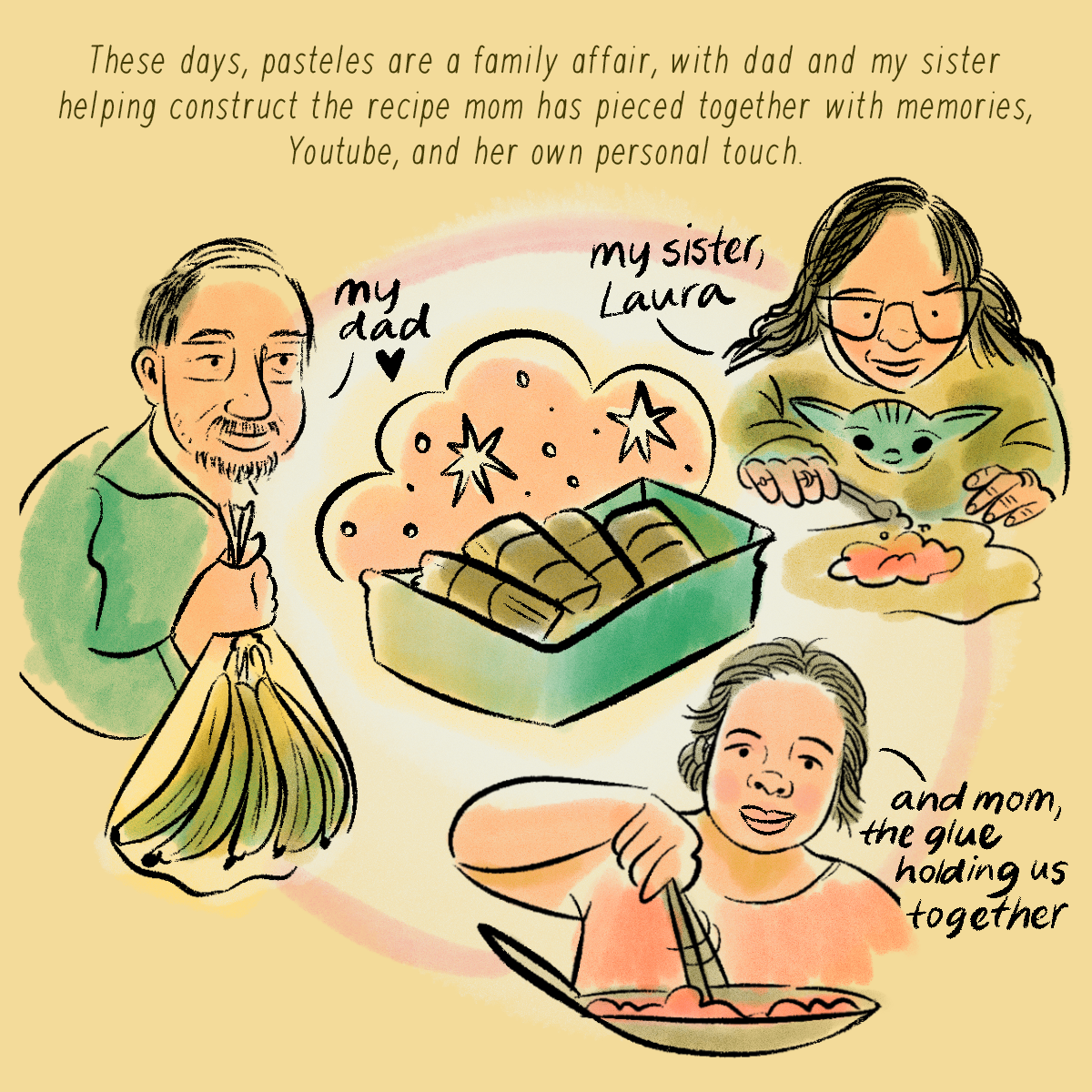 These days, pasteles are a family affair, helping construct the recipe mom has pieced together with memories and Youtube. 