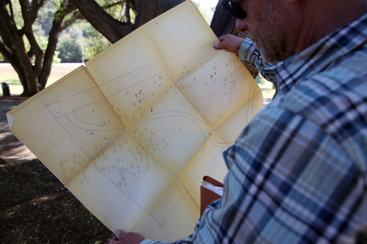 L.A. arborist Leon Boroditsky holds a hand-made map of the oldest trees in Elysian Park's arboretum.