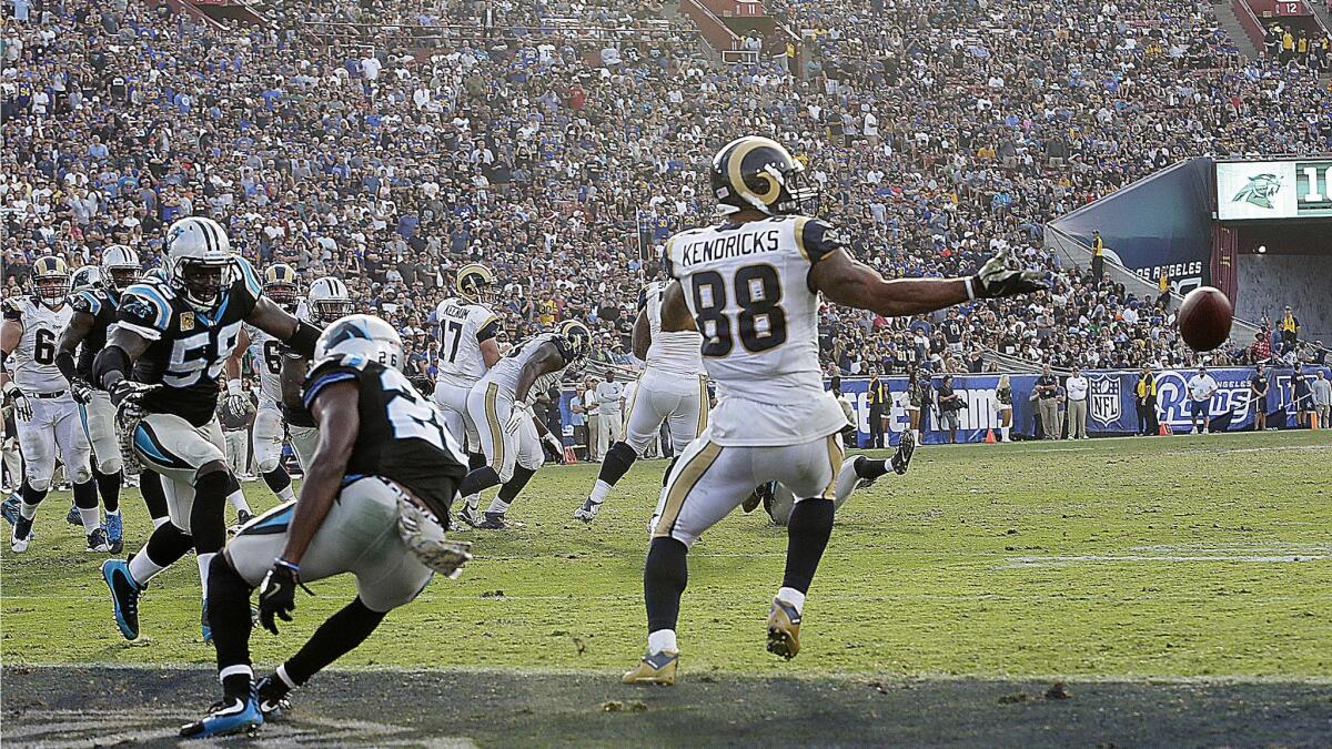 Rams tight end Lance Kendricks misses a Case Keenum pass at the goal line at the Coliseum on Nov. 6
