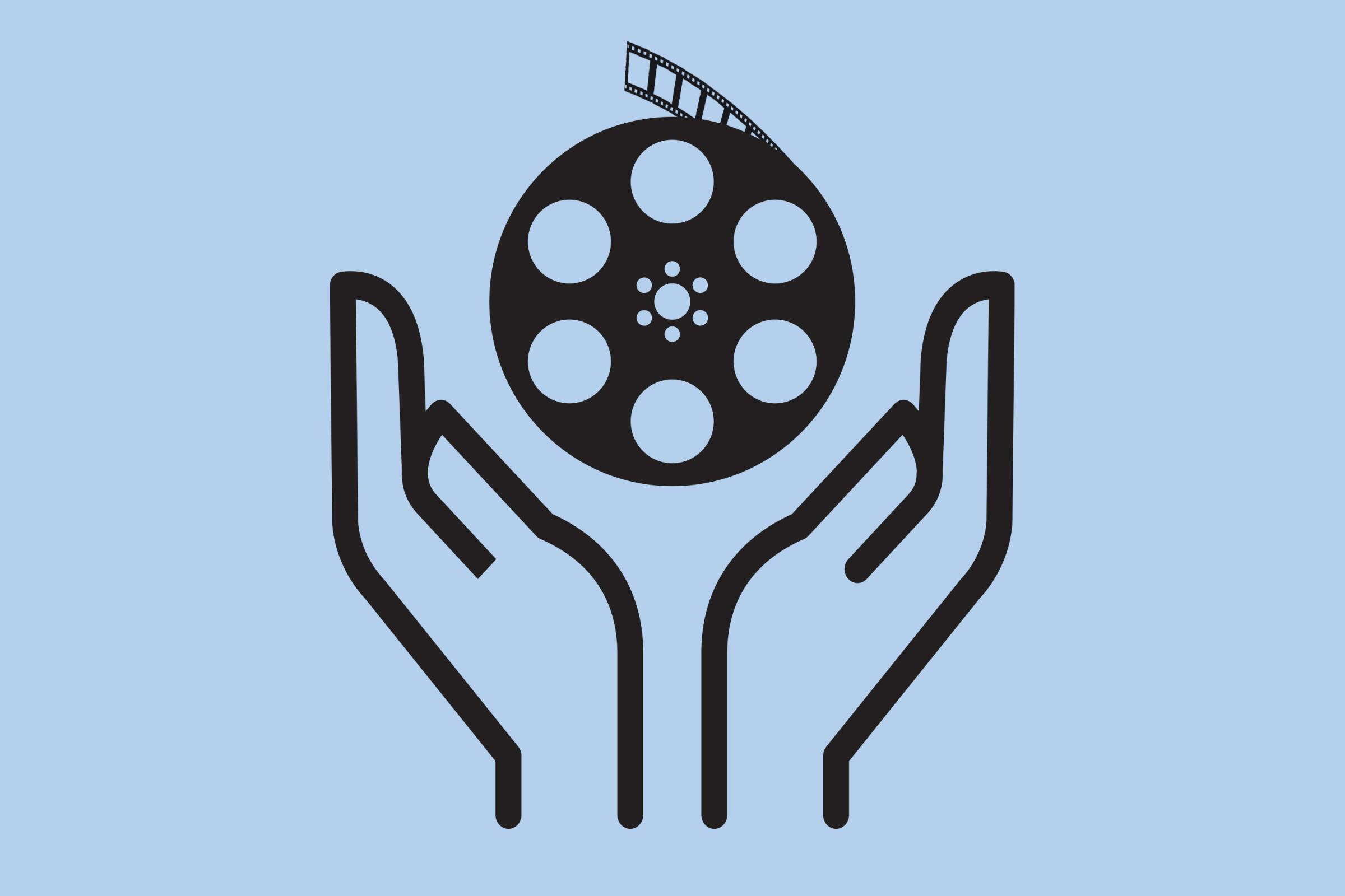 illustration of two supportive hands below a film reel