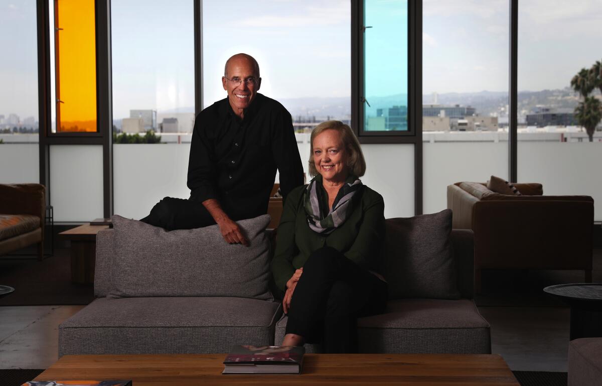 Quibi Chairman Jeffrey Katzenberg and CEO Meg Whitman at Quibi's office in Hollywood. 