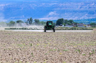 A tractor sprays herbicide on a field.