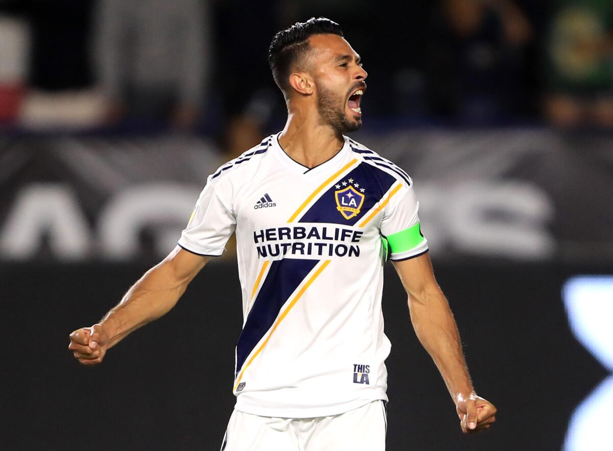 Galaxy defender Giancarlo Gonzalez reacts during a match against Tijuana during Leagues Cup play in July.