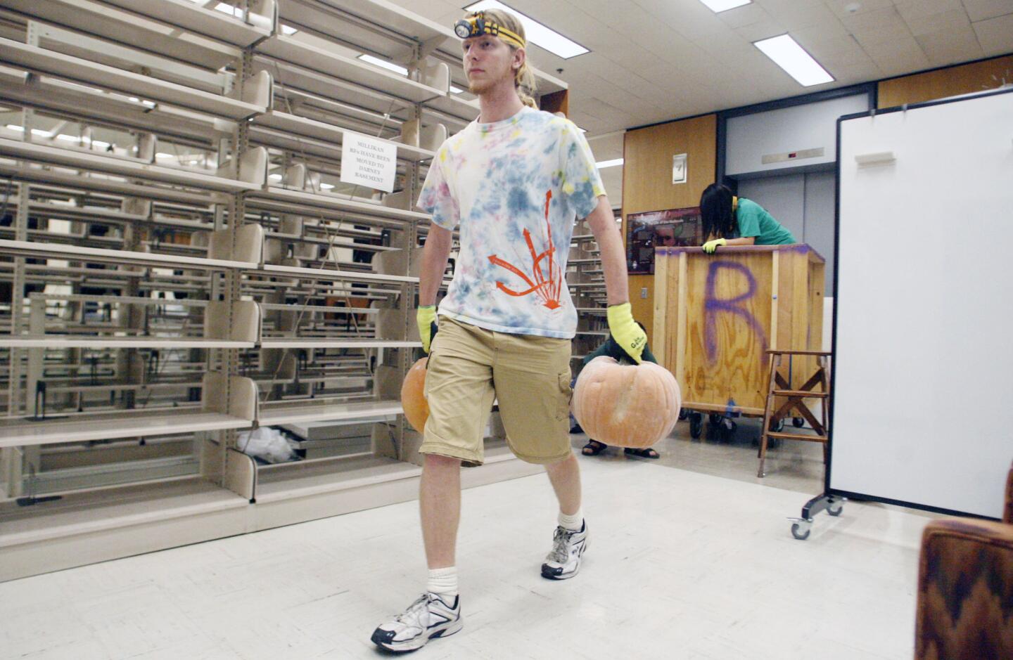 Michael Wheeler unloads over 400 pumpkins during Caltech's Annual Halloween Pumpkin drop, which took place at the Caltech's Millikan Library in Pasadena on Wednesday, October 31, 2012.