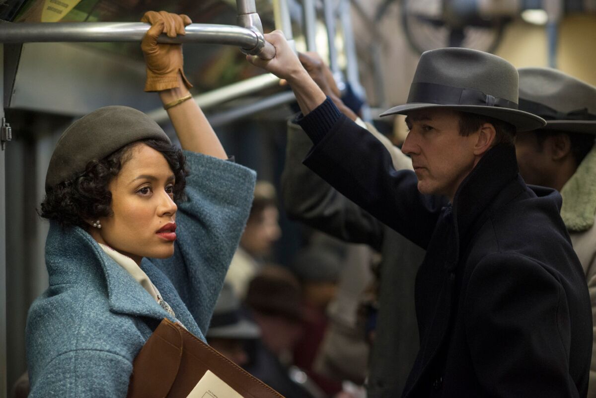 Gugu Mbatha-Raw as Laura Rose and Edward Norton as Lionel Essrog in "Motherless in Brooklyn."