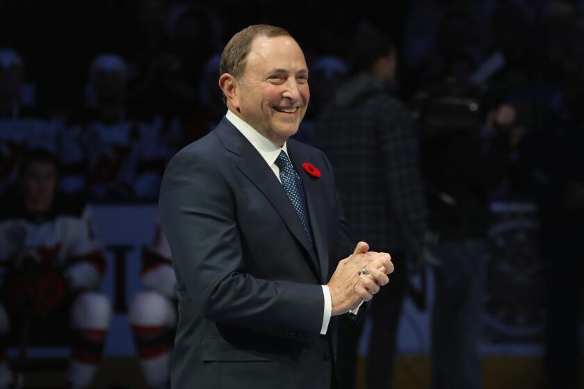 TORONTO, ONTARIO - NOVEMBER 09: NHL Commissioner Gary Bettman is introduced to fans during a pregame ceremony for the Hockey Hall of Fame prior to the Toronto Maple Leafs taking on the New Jersey Devils at the Scotiabank Arena on November 09, 2018 in Toronto, Ontario, Canada. (Photo by Bruce Bennett/Getty Images)