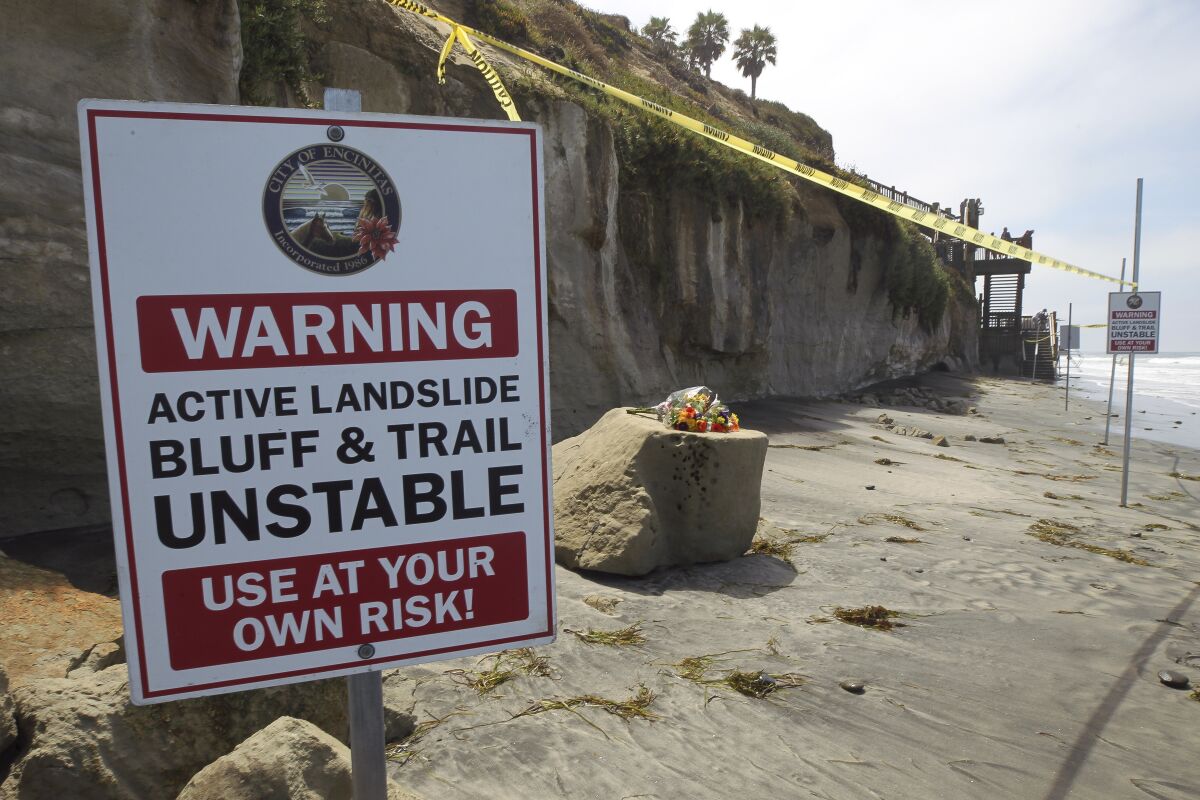 One of several warning signs  on Saturday, August 3, 2019 in Encinitas.