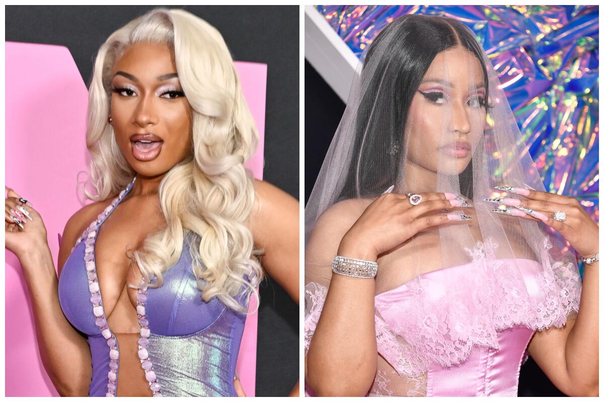 A picture of Megan Thee Stallion in a purple dress, next to a picture of Nicki Minaj in a pink dress and a veil
